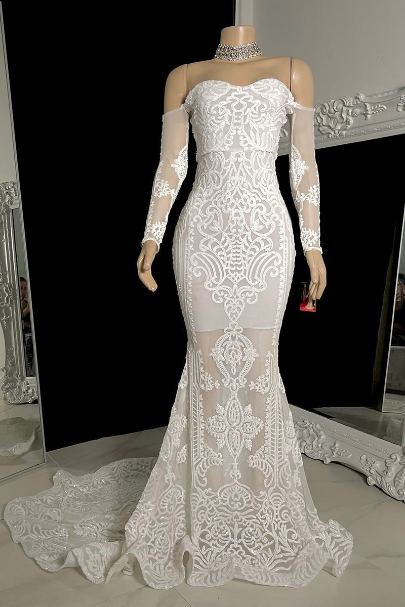 Modern White Long Sleeves Mermaid Prom Dress Off-the-Shoulder Long