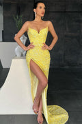 Modern Yellow Prom Dress Mermaid Split Long Evening Ball Dresses Sequins