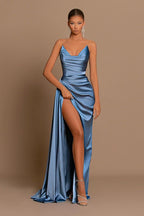 Modest Dusty Blue Sweetheart Prom Dresses Mermaid Slit Long On Sale