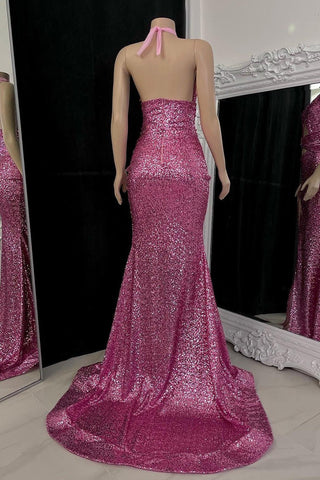 Modest Halter Pink Prom Dresses Sequins Sleeveless Long With Split