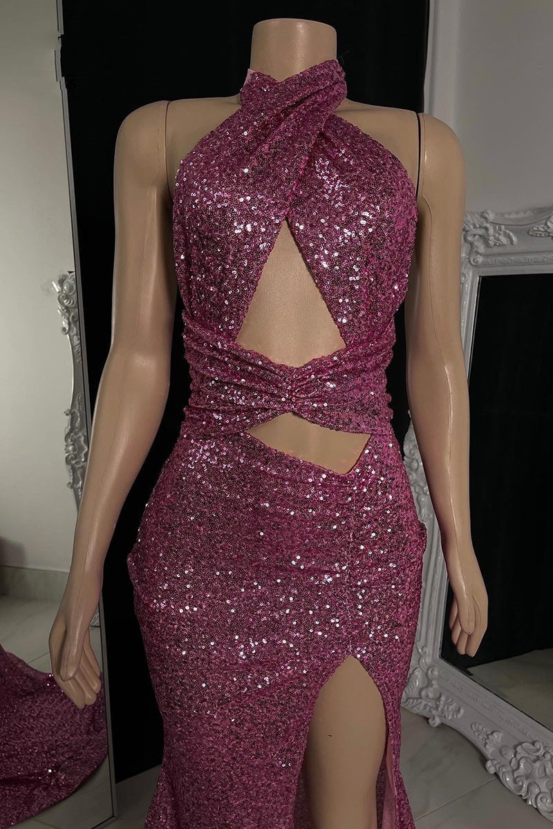 Modest Halter Pink Prom Dresses Sequins Sleeveless Long With Split