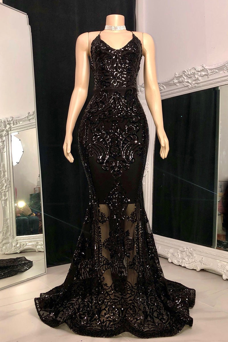 Modest Halter V-Neck Sleeveless Mermaid Prom Dress Sequins Long