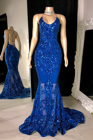 Modest Halter V-Neck Sleeveless Mermaid Prom Dress Sequins Long