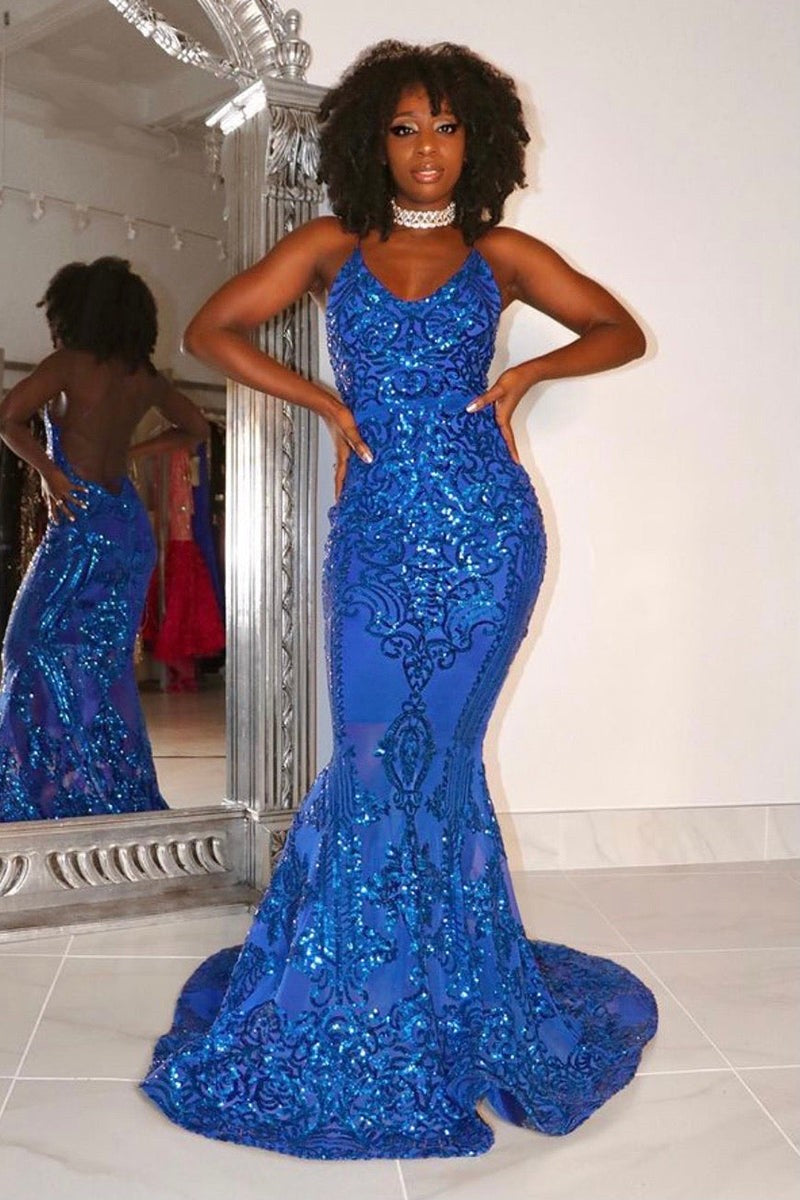 Modest Halter V-Neck Sleeveless Mermaid Prom Dress Sequins Long