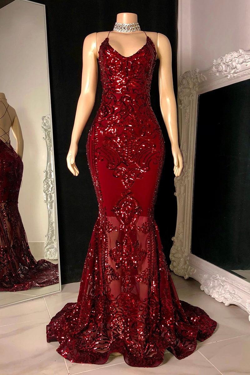 Modest Halter V-Neck Sleeveless Mermaid Prom Dress Sequins Long