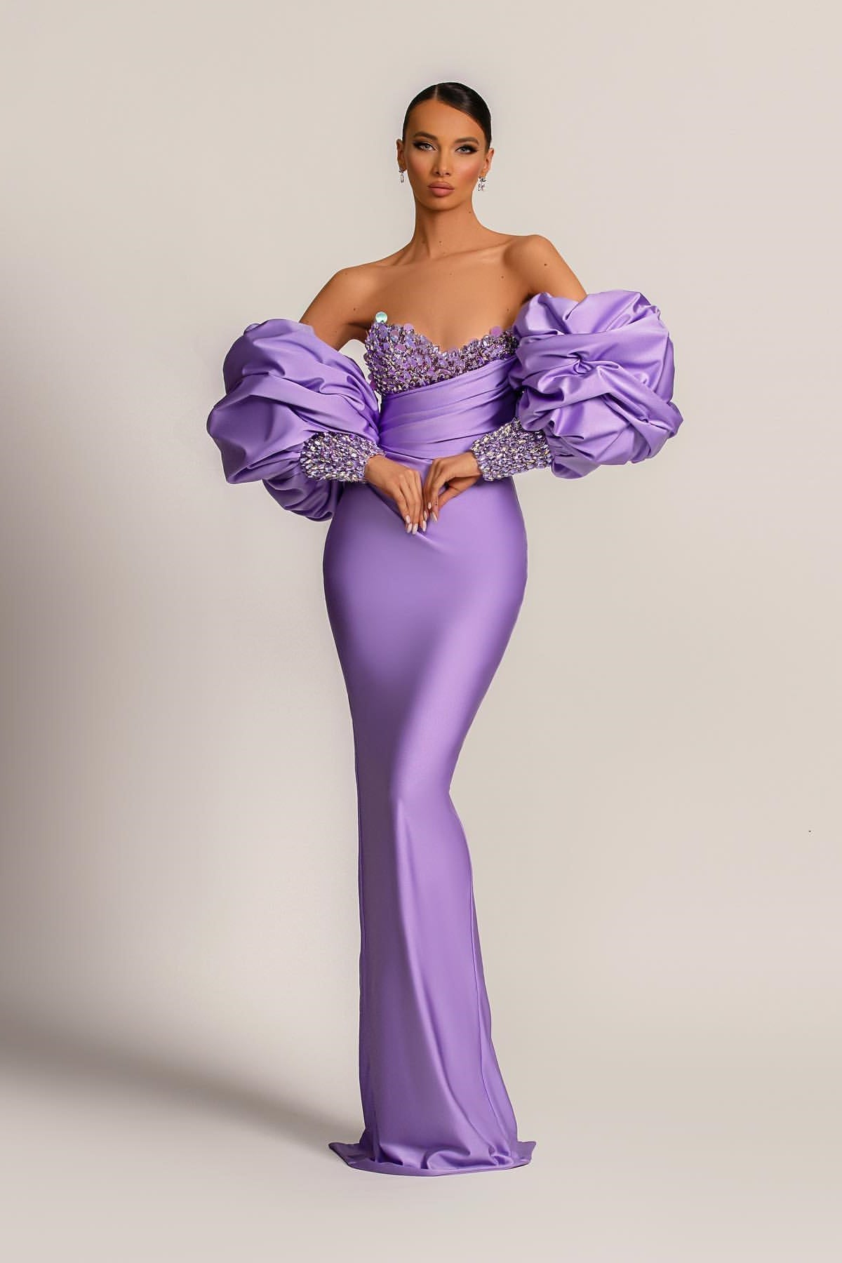 Modest Lilac Detachable Sleeves Prom Dresses Mermaid Sweetheart With Sequins