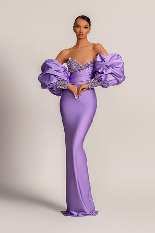 Robe de bal sirène lilas modeste à manches amovibles et sequins