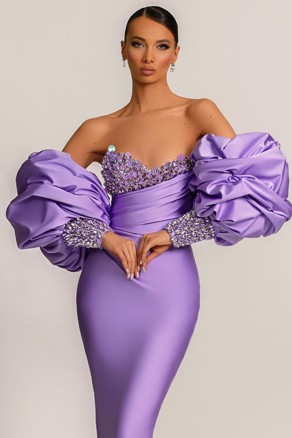 Modest Lilac Detachable Sleeves Prom Dresses Mermaid Sweetheart With Sequins