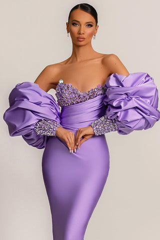 Robe de bal sirène lilas modeste à manches amovibles et sequins