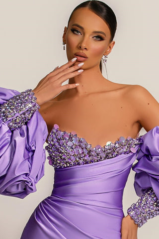 Robe de bal sirène lilas modeste à manches amovibles et sequins
