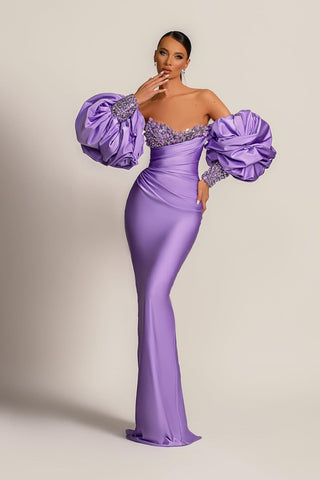 Robe de bal sirène lilas modeste à manches amovibles et sequins