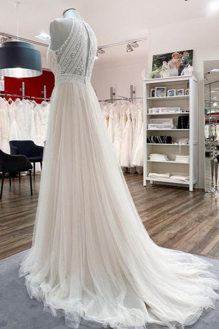 Vestidos de novia modestos, largos, de corte A, con cuello halter, tul, encaje y espalda descubierta