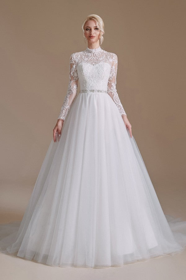 Robes de mariée modestes, longues, trapèze, col montant, en tulle et dentelle, avec manches