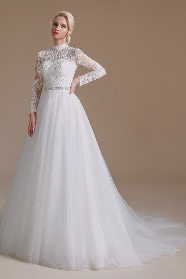 Robes de mariée modestes, longues, trapèze, col montant, en tulle et dentelle, avec manches