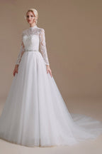 Robes de mariée modestes, longues, trapèze, col montant, en tulle et dentelle, avec manches