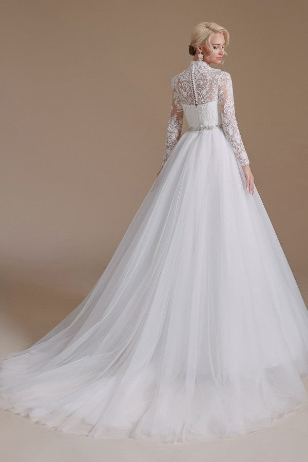 Robes de mariée modestes, longues, trapèze, col montant, en tulle et dentelle, avec manches