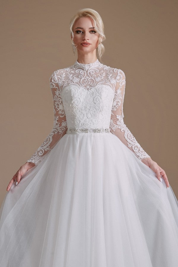 Robes de mariée modestes, longues, trapèze, col montant, en tulle et dentelle, avec manches