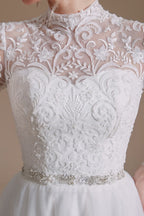 Robes de mariée modestes, longues, trapèze, col montant, en tulle et dentelle, avec manches
