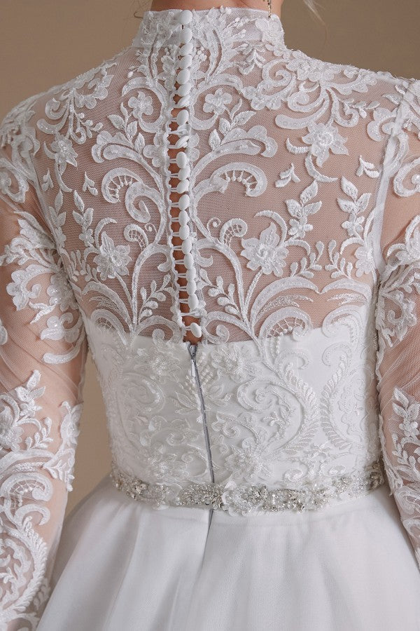 Robes de mariée modestes, longues, trapèze, col montant, en tulle et dentelle, avec manches