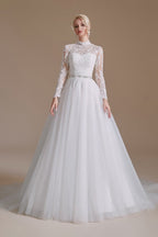 Robes de mariée modestes, longues, trapèze, col montant, en tulle et dentelle, avec manches
