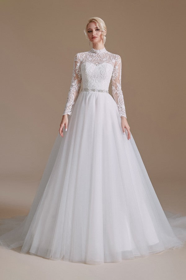 Robes de mariée modestes, longues, trapèze, col montant, en tulle et dentelle, avec manches