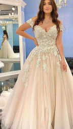 Modest Long A-line Off-the-Shoulder Tulle Lace Wedding Dress