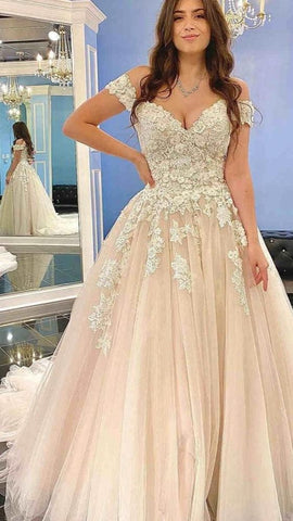 Vestido de novia modesto largo de corte A con hombros descubiertos, de tul y encaje