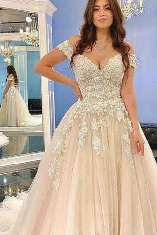 Vestido de novia modesto largo de corte A con hombros descubiertos, de tul y encaje
