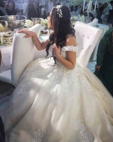 Vestido de novia princesa de tul, corte princesa, modesto, largo, línea A, con hombros descubiertos y encaje.