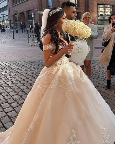 Vestido de novia princesa de tul, corte princesa, modesto, largo, línea A, con hombros descubiertos y encaje.