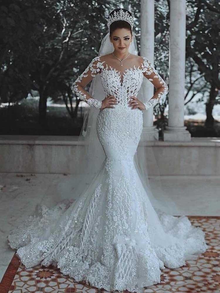 Robe de mariée sirène longue et modeste avec applications de dentelle et manches