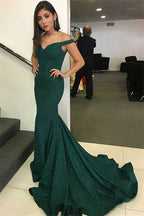 Robe de bal verte sirène longue et modeste à épaules dénudées