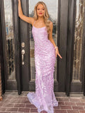 Robe de bal longue sirène modeste à col rond et dos nu en dentelle