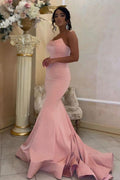 Robe de bal sirène longue et modeste en satin rose sans bretelles