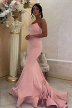 Robe de bal sirène longue et modeste en satin rose sans bretelles