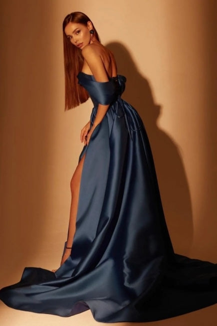 Robes de bal de soirée bleu marine longues, coupe trapèze, épaules dénudées et fente, disponibles en ligne