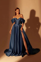Robes de bal de soirée bleu marine longues, coupe trapèze, épaules dénudées et fente, disponibles en ligne