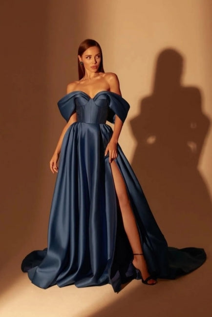 Robes de bal de soirée bleu marine longues, coupe trapèze, épaules dénudées et fente, disponibles en ligne