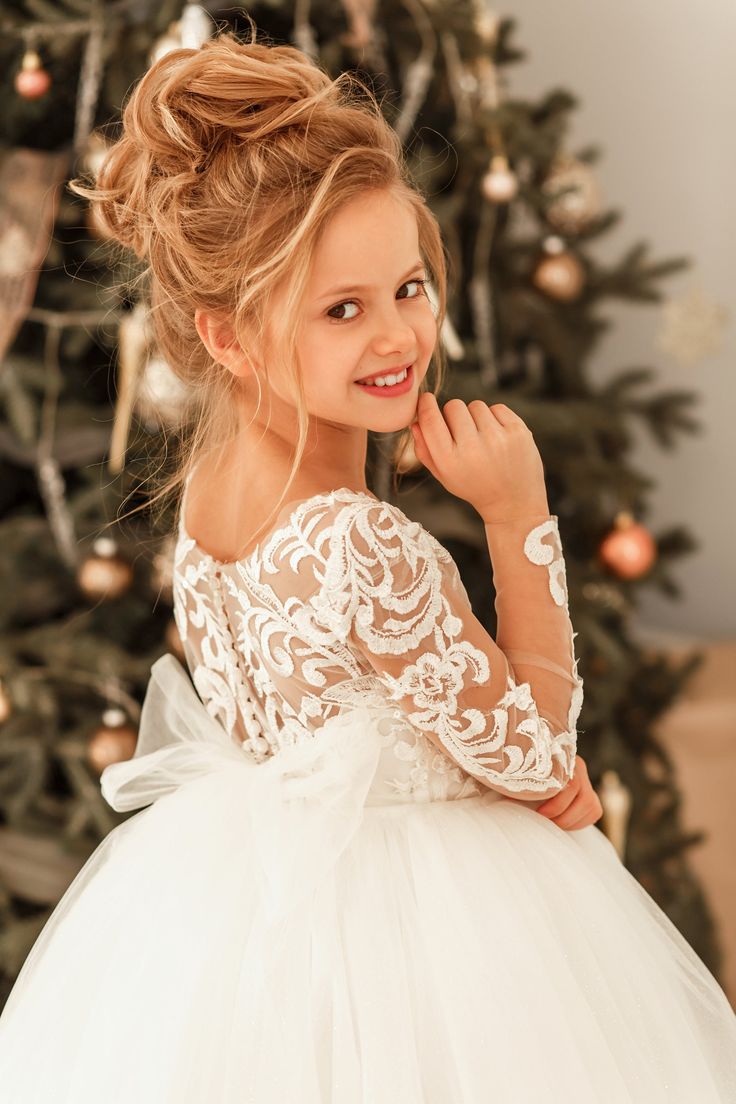 Vestido de niña de las flores, modesto, largo, de princesa, con apliques de tul y encaje, y mangas.