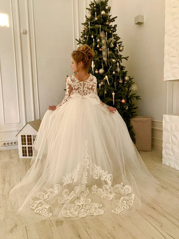 Modest Long Princess Tulle Lace Appliques flower girl dress with Sleeves