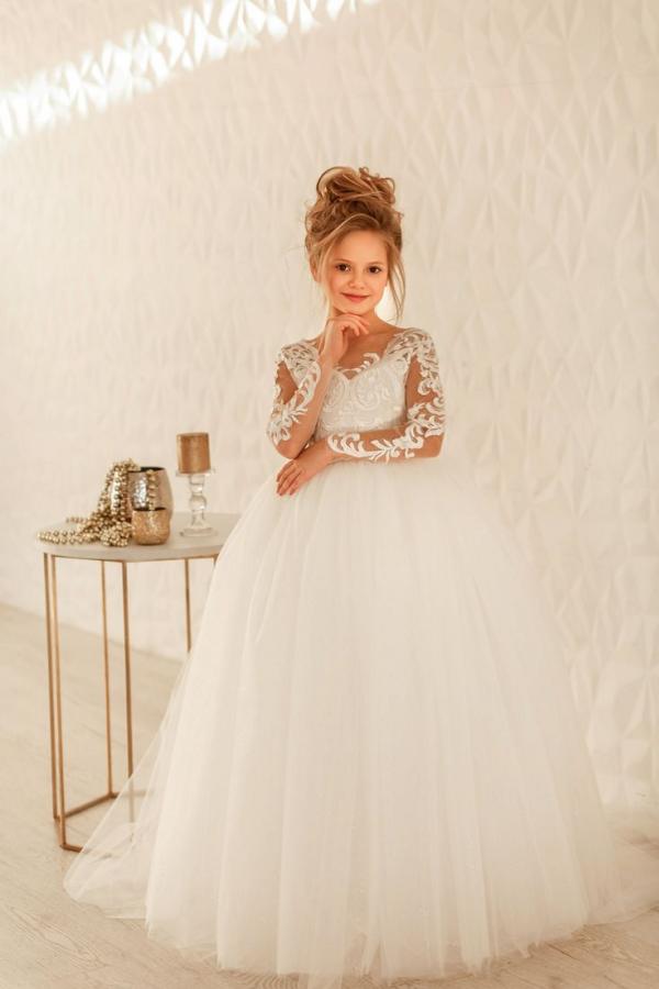 Vestido de niña de las flores, modesto, largo, de princesa, con apliques de tul y encaje, y mangas.