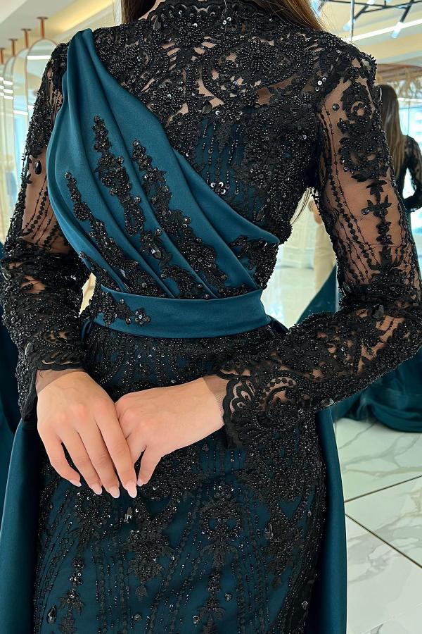 Robe de bal sirène en satin à manches longues et sequins noirs, style modeste