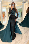 Robe de bal sirène en satin à manches longues et sequins noirs, style modeste