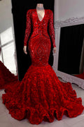 Modest Long Sleeves Sequins Prom Dress Mermaid V-Neck With Flowers Bottom