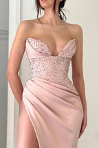 Vestidos de noche largos de sirena, corte modesto, color melocotón, con escote en V y abertura, disponibles en línea.