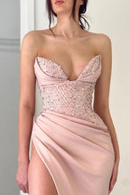 Vestidos de noche largos de sirena, corte modesto, color melocotón, con escote en V y abertura, disponibles en línea.
