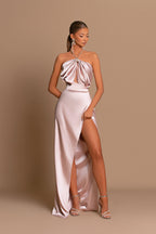 Modest Pink Halter Prom Dresses Mermaid Sleeveless With Slit
