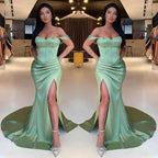 Modest Sage Green Off-the-Shoulder Prom Dresses Mermaid Slit