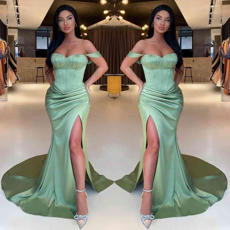 Modest Sage Green Off-the-Shoulder Prom Dresses Mermaid Slit