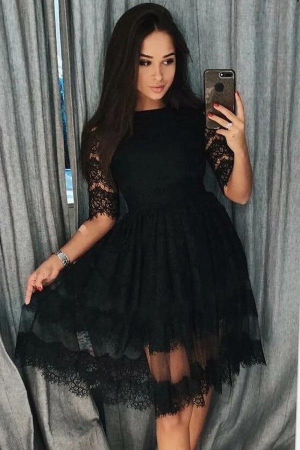 Robe de bal noire en dentelle, coupe trapèze courte et modeste, avec manches